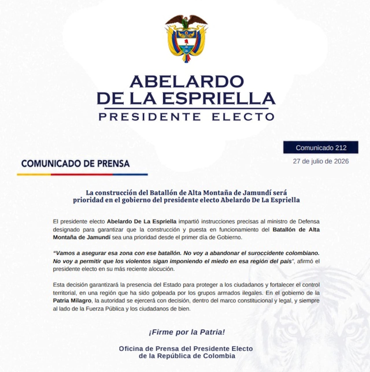 Comunicado de la Presidencia electa en el que se informa que la construcción y puesta en funcionamiento del Batallón de Alta Montaña de Jamundí fue definida como una prioridad para el inicio del gobierno de Abelardo De La Espriella.