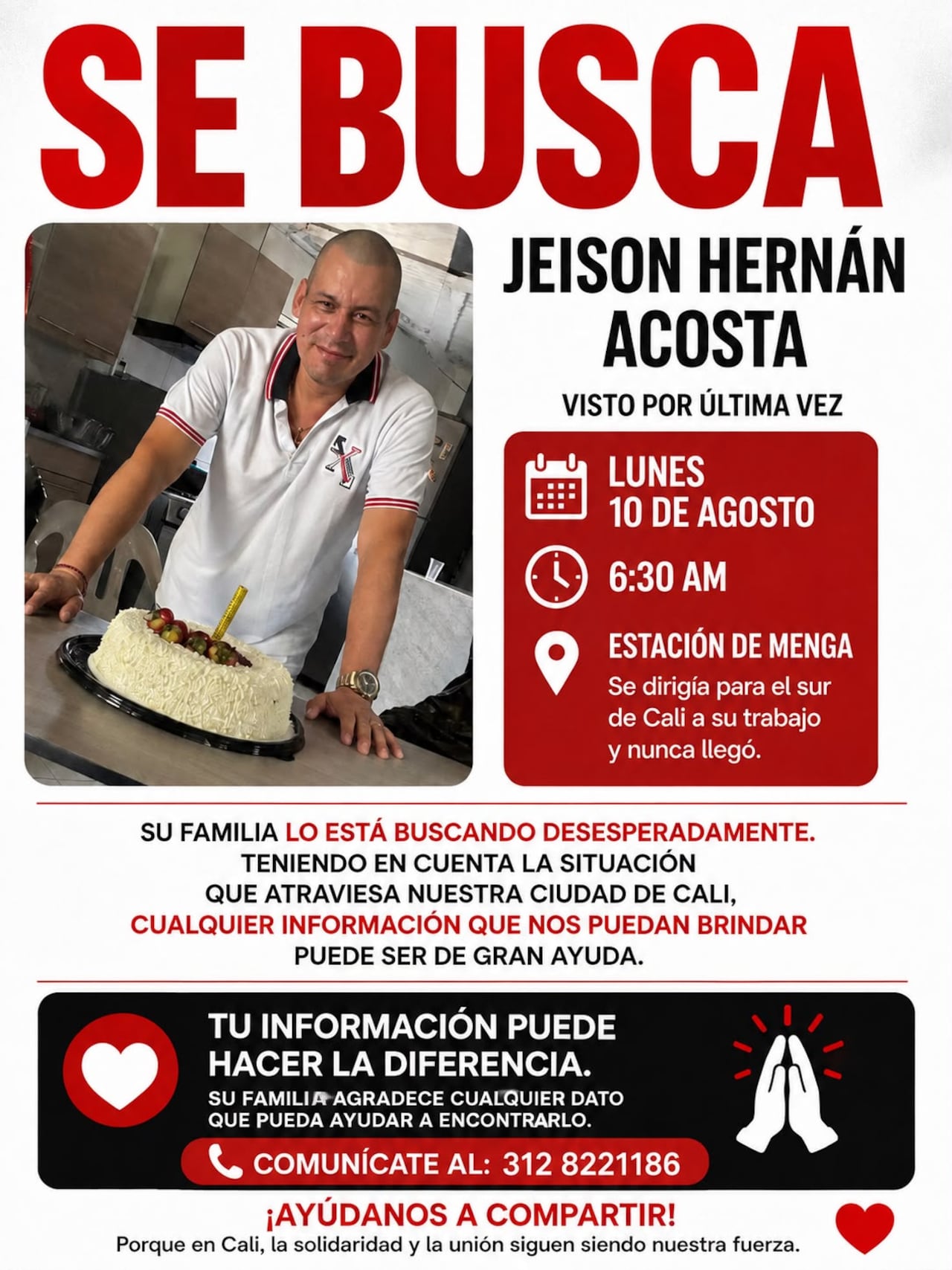 Jeison Hernán Acosta, desaparecido en Cali, tras terremoto del pasado lunes 10 de agosto.