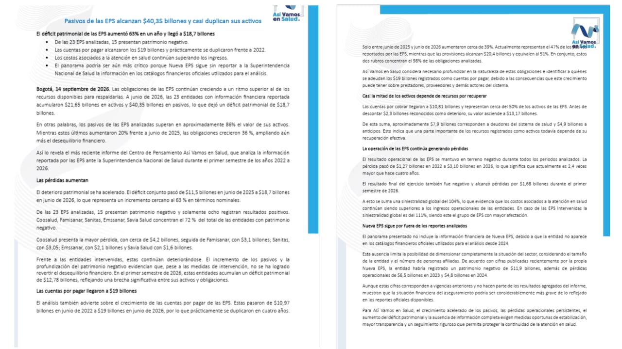 El Centro de Pensamiento Así Vamos en Salud alertó sobre el deterioro financiero de las EPS y el crecimiento de sus obligaciones durante el primer semestre de 2026.