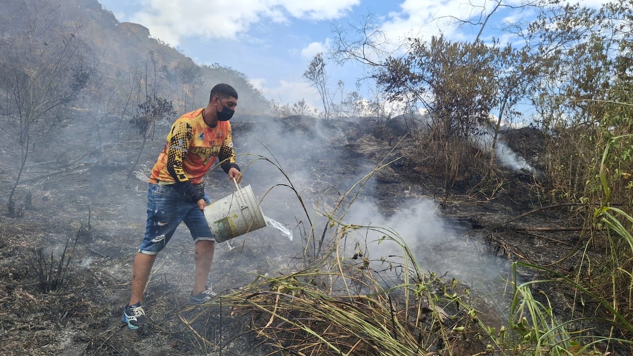 La ciudadanía trabaja de la mano de las autoridades para mitigar el incendio en el Cerro de la Bandera, de Cali.