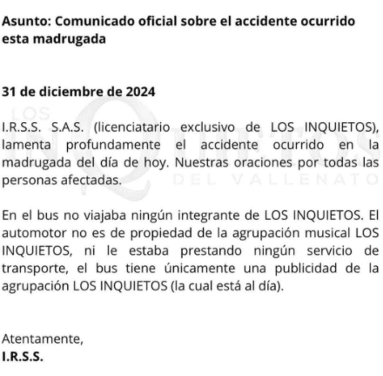 Este fue el comunicado emitido por la agrupación vallenata.