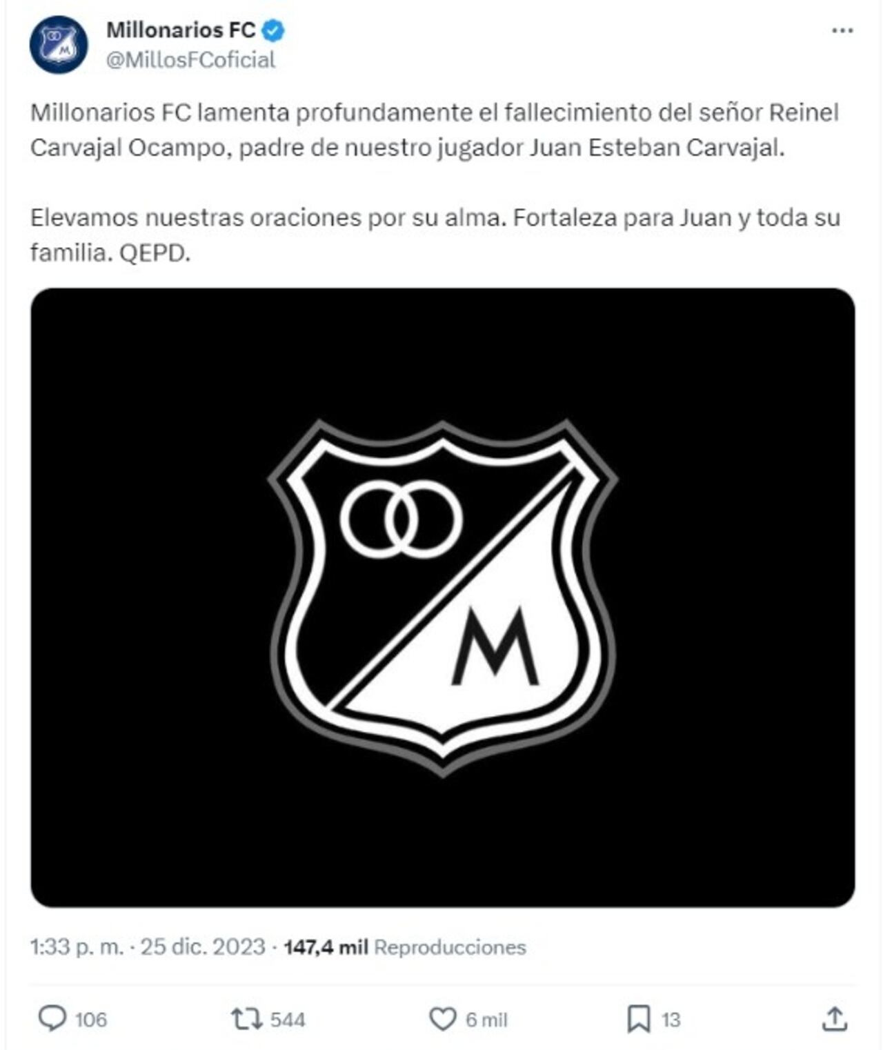 Publicación de Millonarios donde lamenta la muerte de Reinel Carvajal Ocampo.