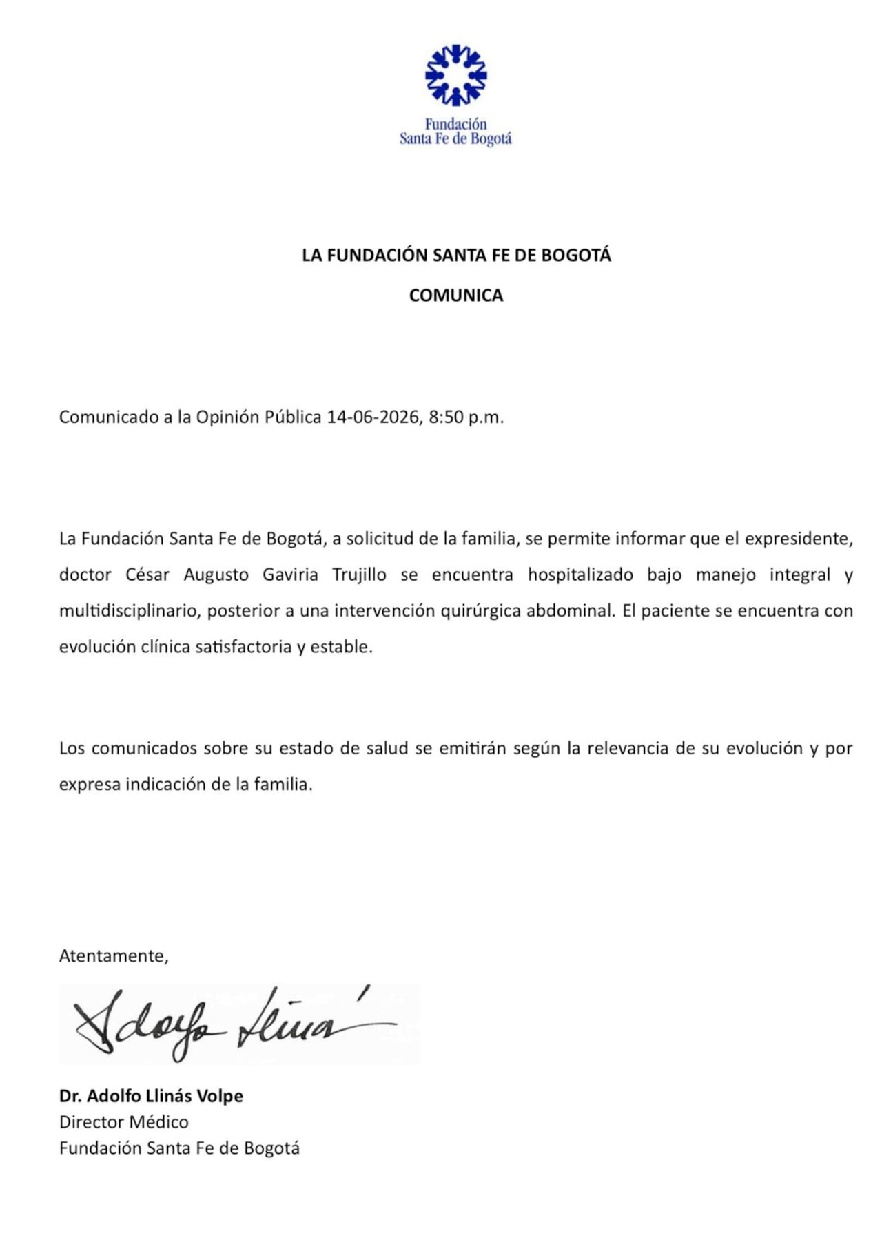 Comunicado Fundación Santa Fe sobre el expresidente César Gaviria.