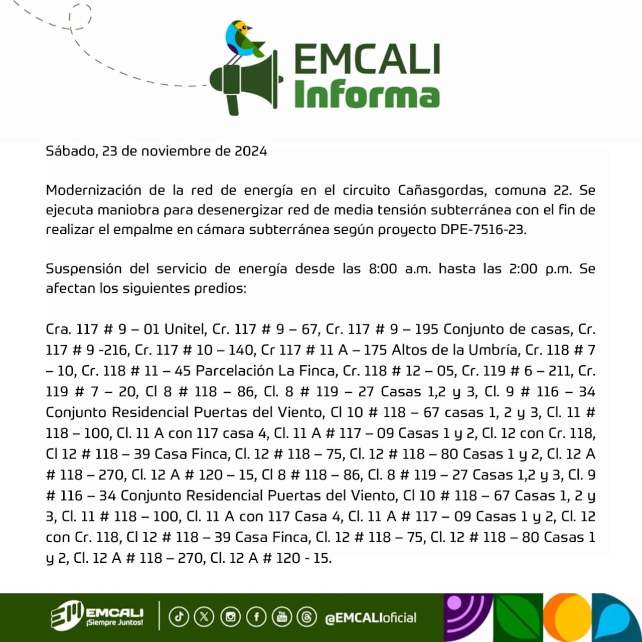 Trabajos de mantenimiento por parte de Emcali en distintos puntos de la ciudad.