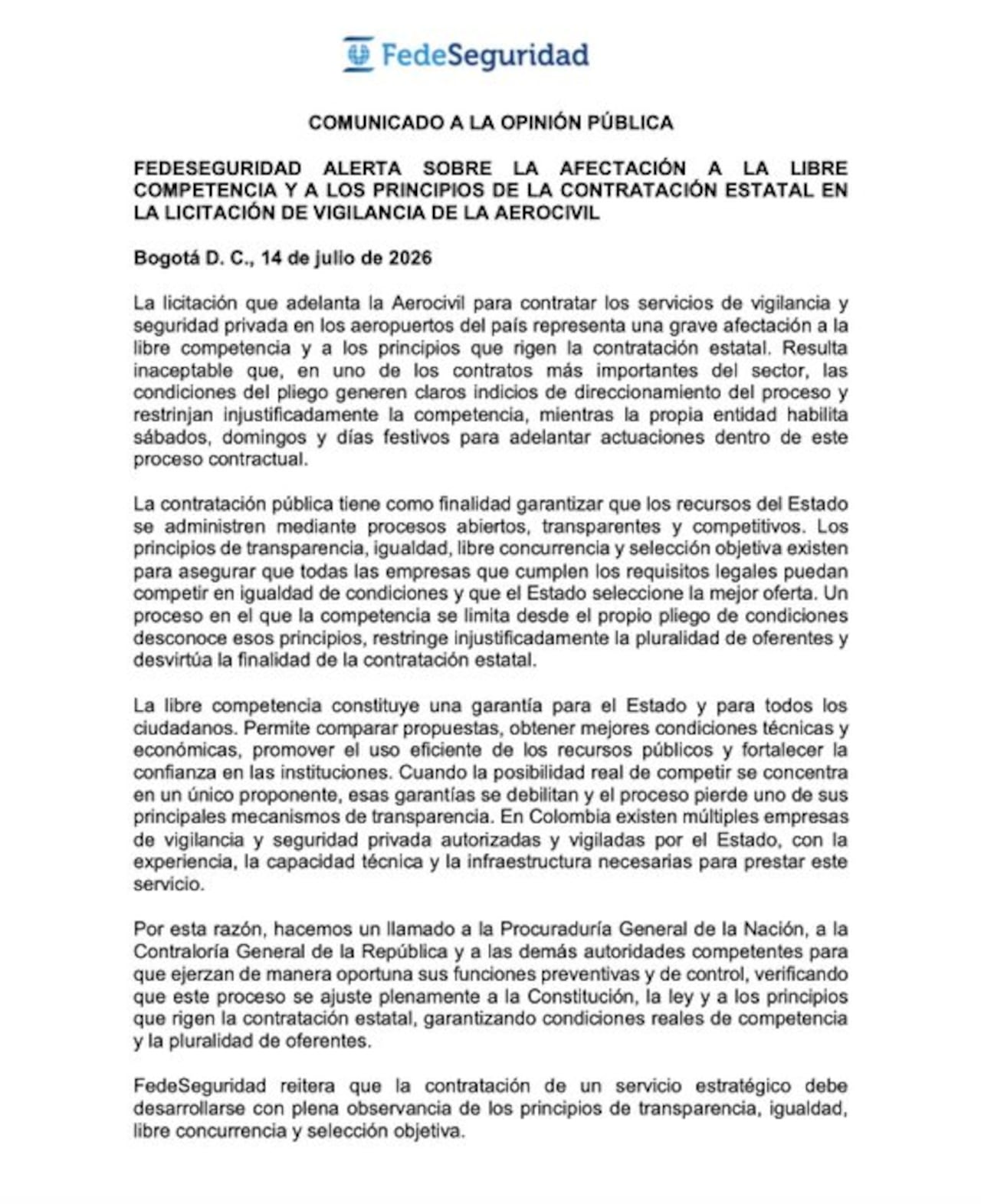 FedeSeguridad alerta sobre presuntas irregularidades en licitación de vigilancia de la Aerocivil