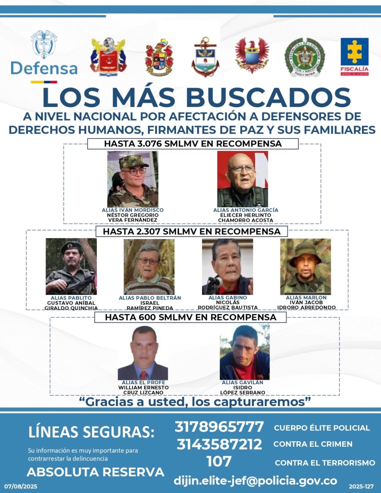 Este 15 de febrero se conoció un operativo con capturas ligadas a esa red: alias Monchi, descrito como pieza financiera, señalado de apropiarse de cosechas campesinas y moverlas hacia la capital.
Defensa insiste en dos mensajes: recompensa vigente y confidencialidad total para quien entregue información. El resto es la parte difícil: que el afiche se convierta en capturas y no en decoración de guerra.