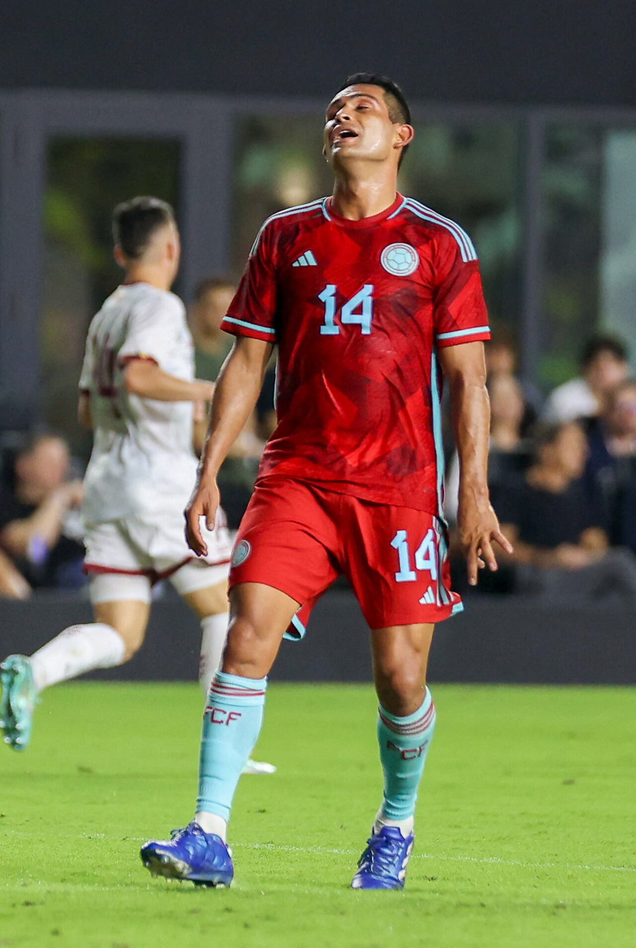 Colombia's midfielder #14 David Silva reacts to a close miss during the friendly football match between Colombia and Venezuela at the DRV PNK Stadium in Fort Lauderdale, Florida, December 10, 2023. (Photo by Chris Arjoon / AFP)