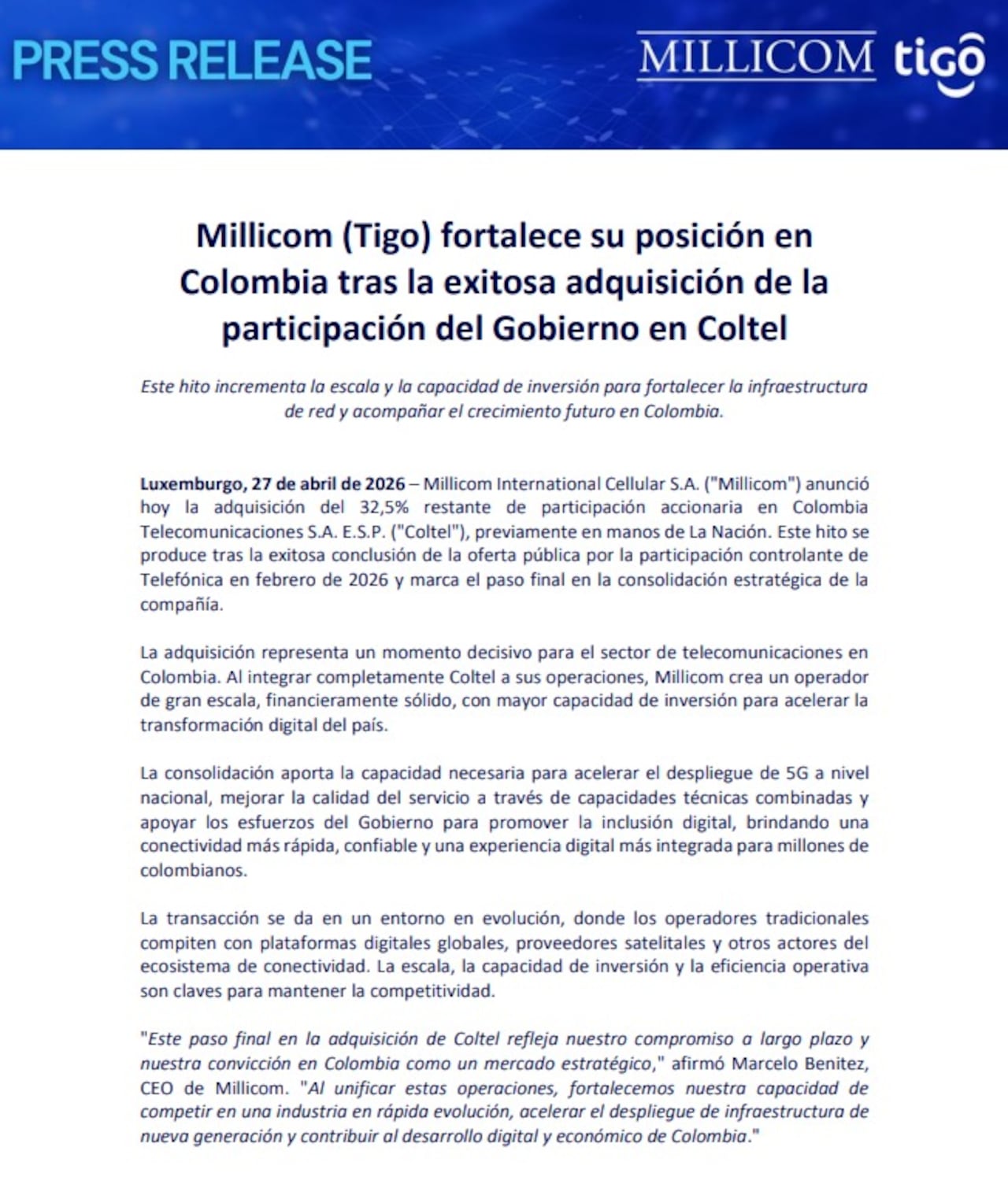 La multinacional Millicom adquirió el 32,5% de la participación que aún pertenecía a La Nación.