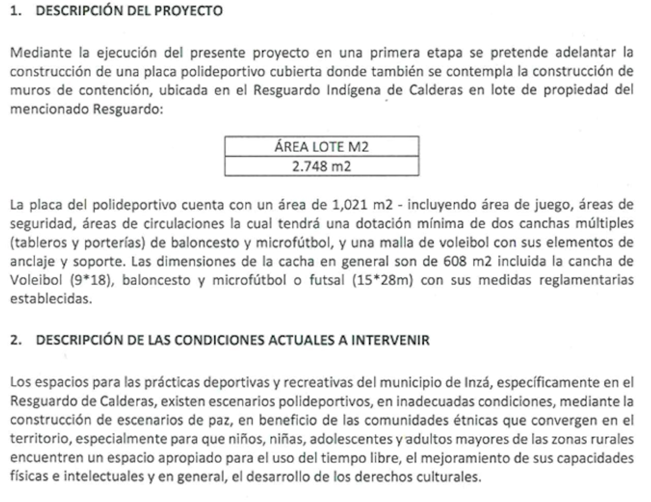 Estas son algunas de las especificaciones del polideportivo que estará en la zona rural del departamento del Cauca.