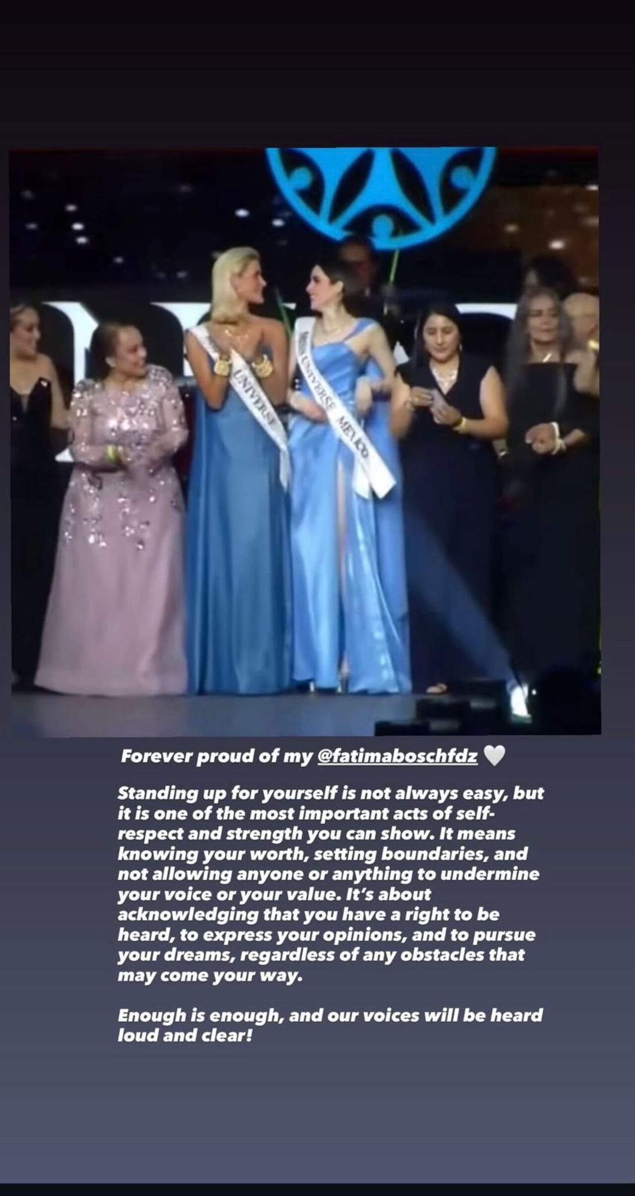 Victoria Kjær muestra su apoyo a la representante de México, Fátima Bosch, en Miss Universo 2025.