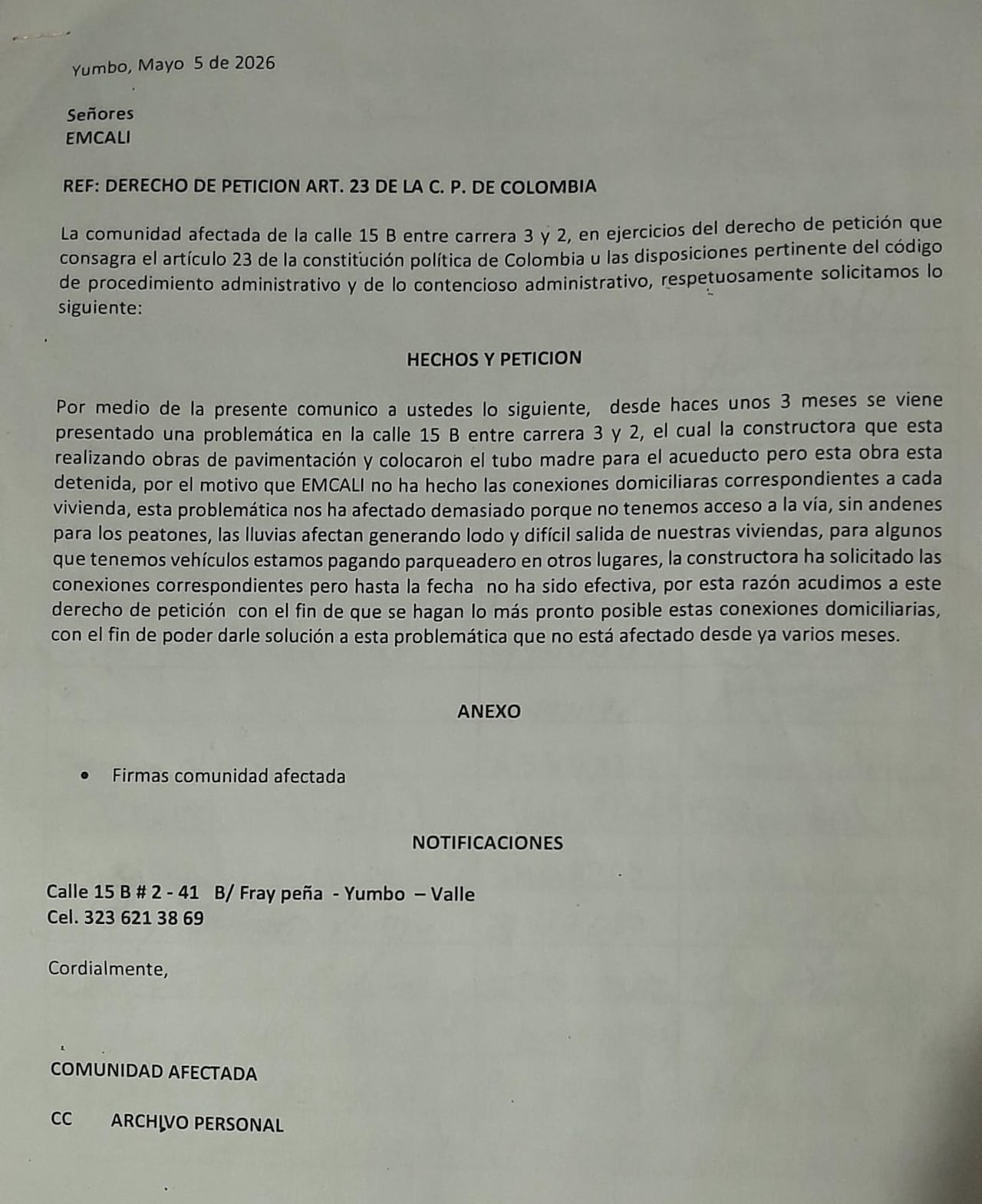Cuadra afectada por obra en Yumbo