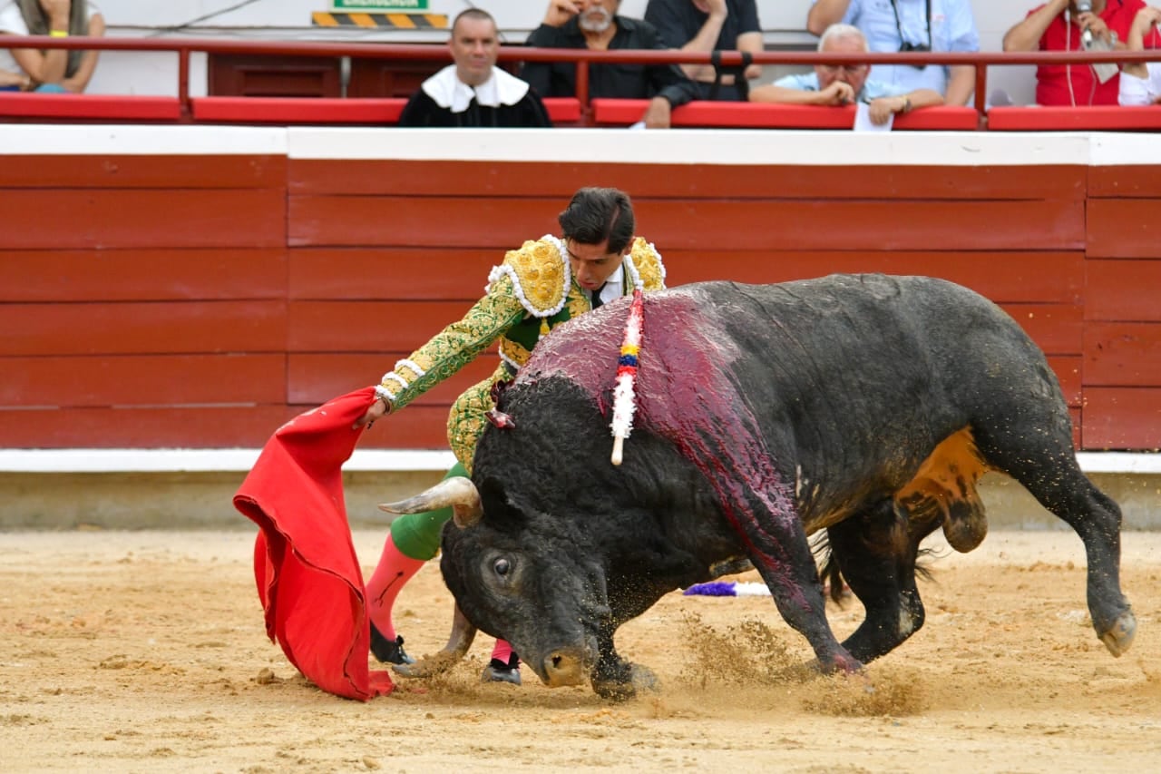 Muletazo del mexicano Luis David Adame, quien salió por la puerta grande de Cañaveralejo en la ultima de abono de la Feria.