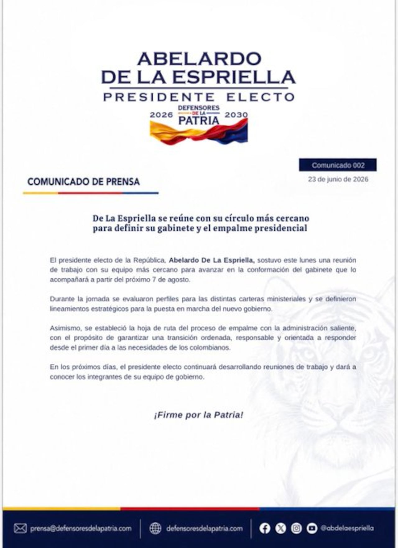 Abelardo de la Espriella sostuvo este martes una reunión con su equipo más cercano para avanzar en la conformación del gabinete ministerial.
