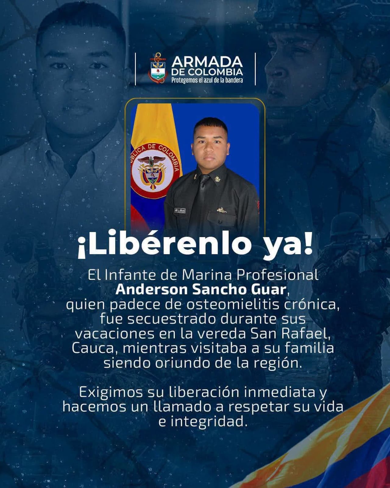 Las autoridades adelantan labores para establecer el paradero del infante de Marina y reiteraron el llamado a la ciudadanía para entregar información verificable a sus familiares o a las entidades competentes.