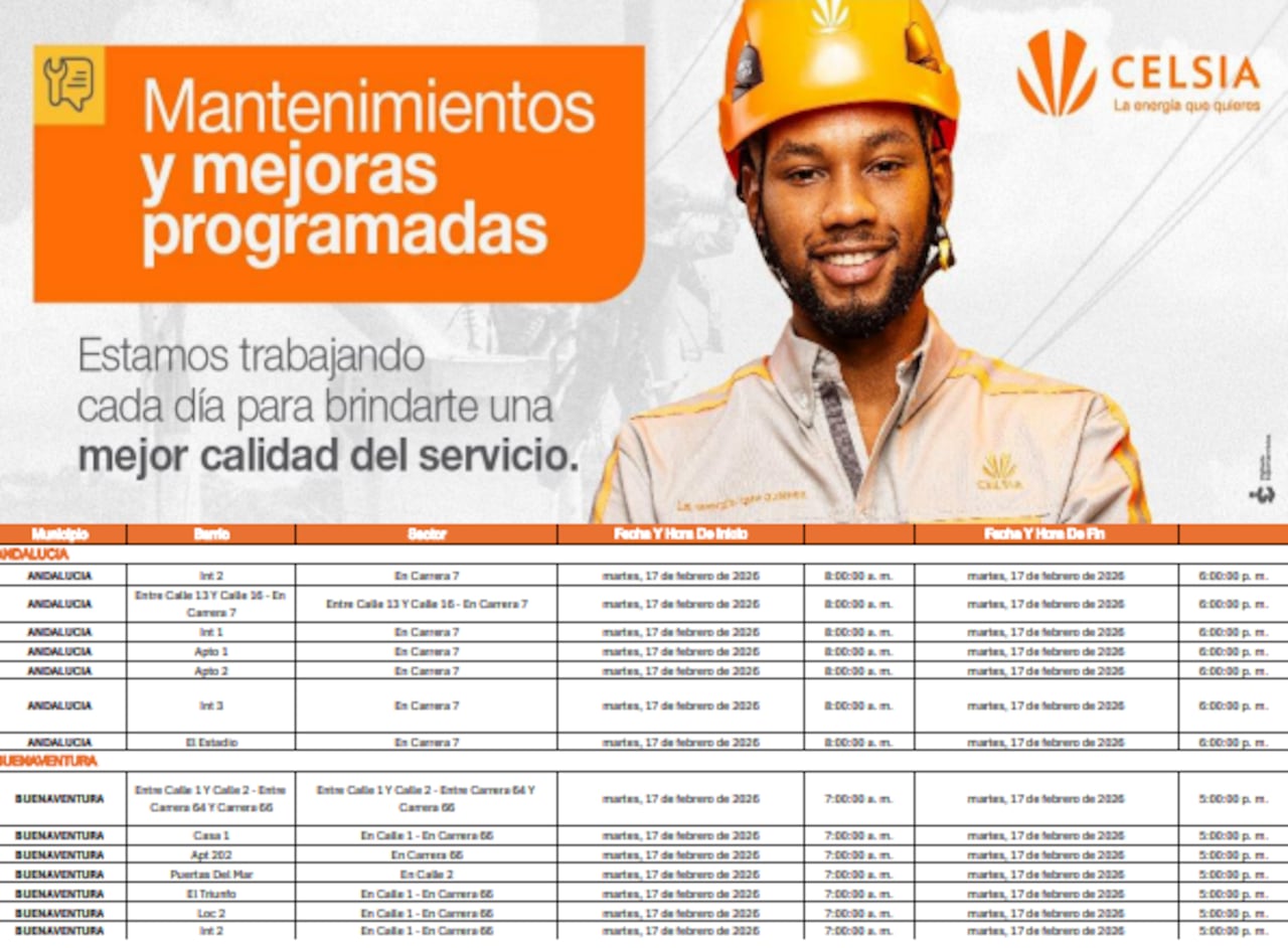 Cortes de energía programados por Celsia en el Valle