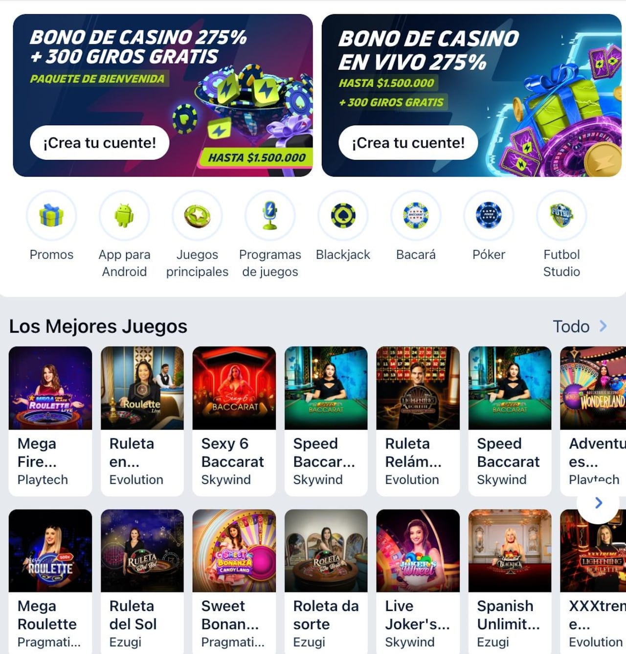 Pantalla de Casino Online en JugaBet con banners de bono de bienvenida, accesos a categorías y carrusel de 'Los Mejores Juegos'.