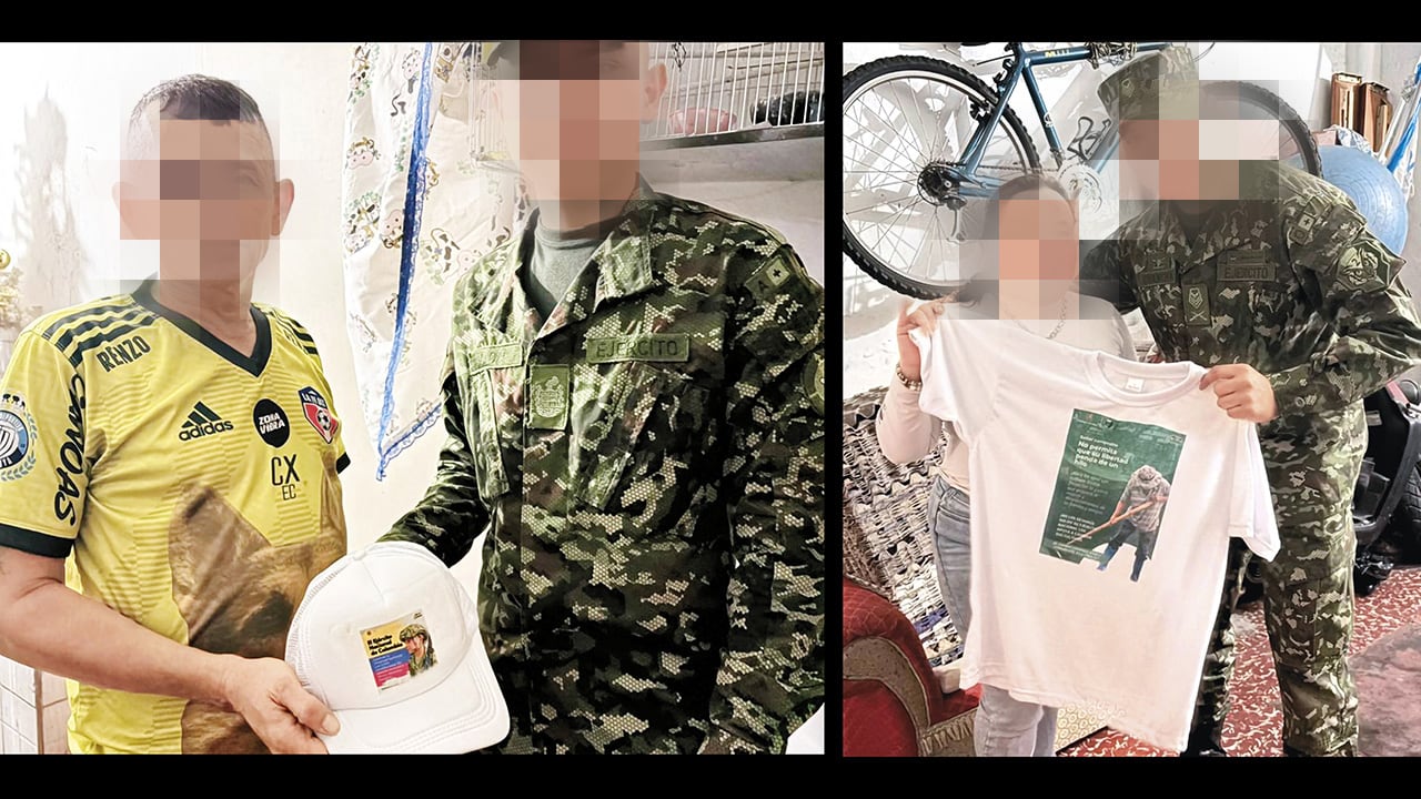 Estas son las camisetas y gorras que está regalando el Ejército en el Catatumbo a los afectados por la violencia. Se compraron con los dineros de la conmoción interior.