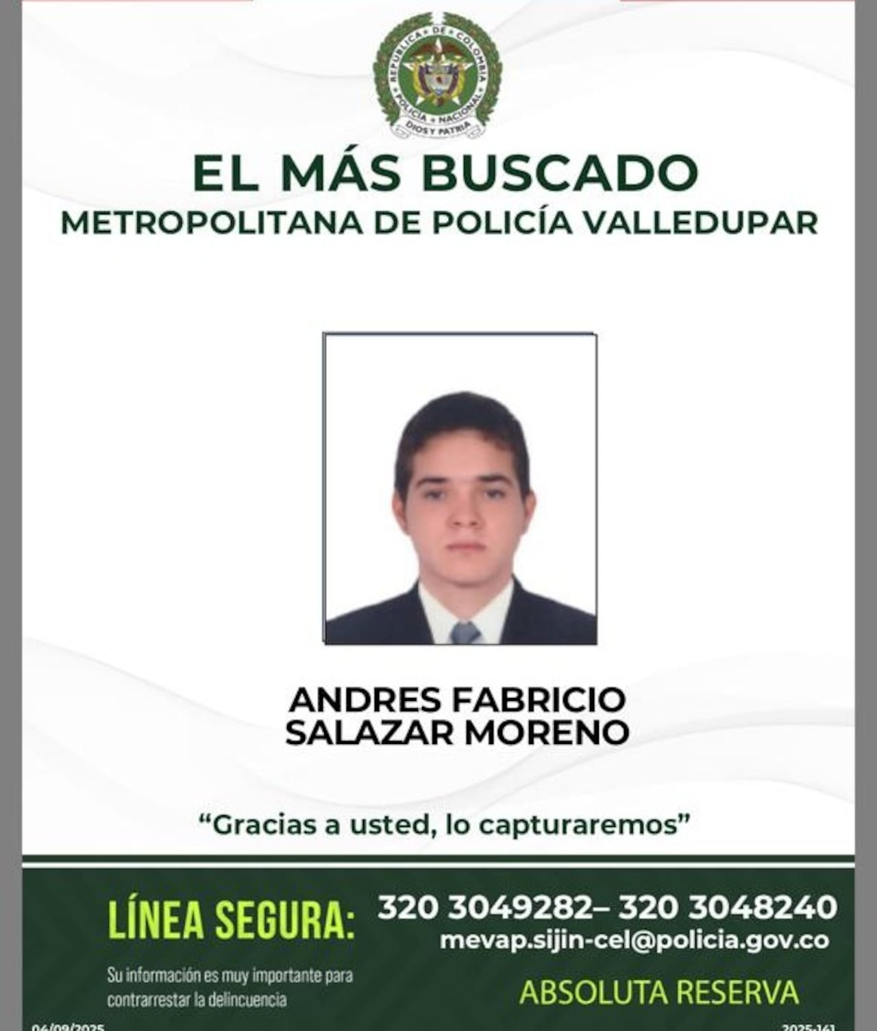 La Policía logró capturar a Andrés Fabricio Salazar Moreno.