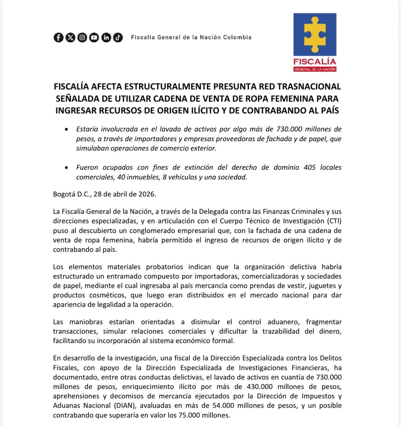 Orden de la Fiscalía General de La Nación.