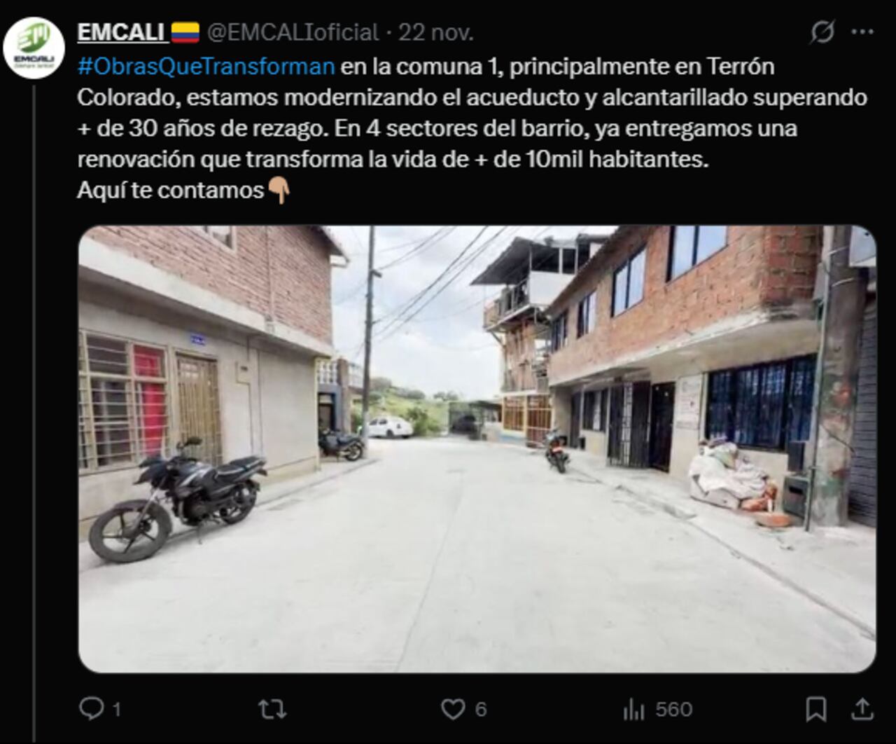 En publicaciones del 22 de noviembre, EMCALI destacó trabajos en la comuna 1.