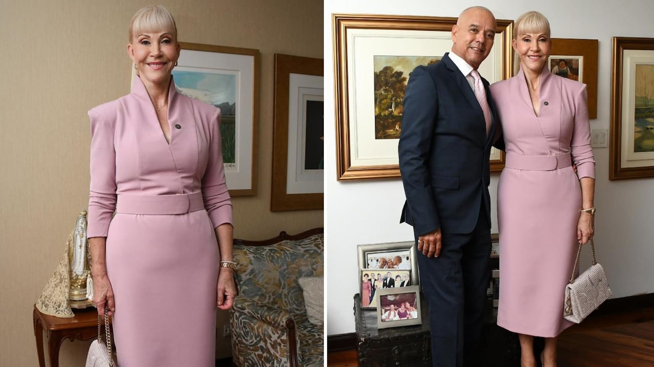 Con un vestido rosa, diseñado a la medida, la gobernadora del Valle y su esposo, el exsenador Julio César Caicedo, asistieron al acto de posesión presidencial.