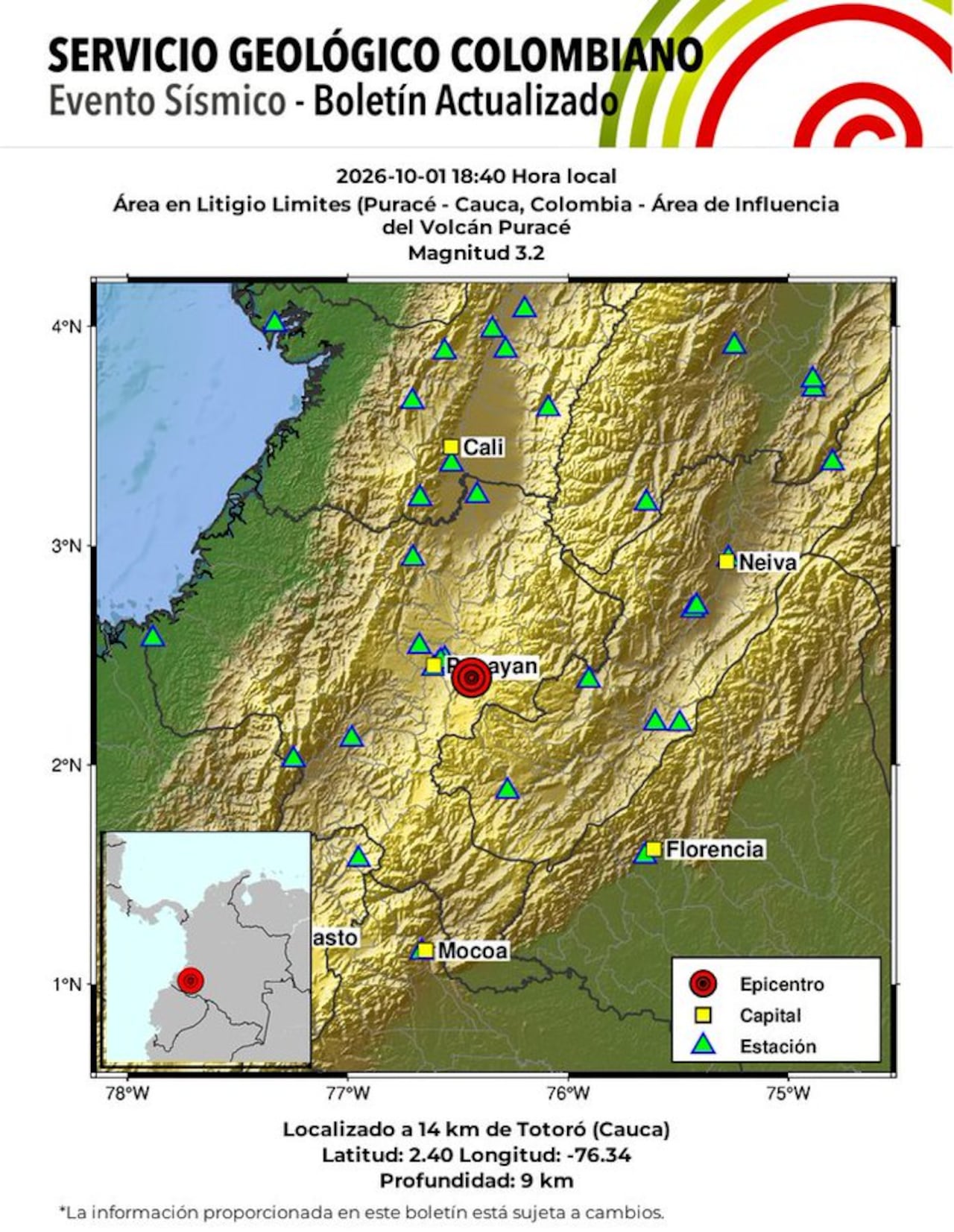 Evento Sísmico - Boletín Actualizado 1, 2026-10-01, 18:40 hora local. Magnitud 3.2. Profundidad 9 km, Área en Litigio Limites (Puracé - Cauca).