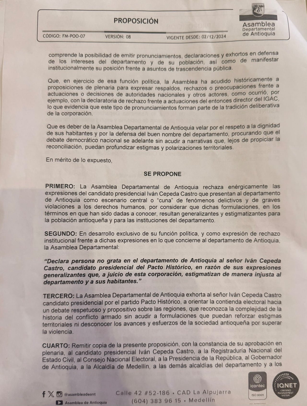 Iván Cepeda, persona no grata en Antioquia