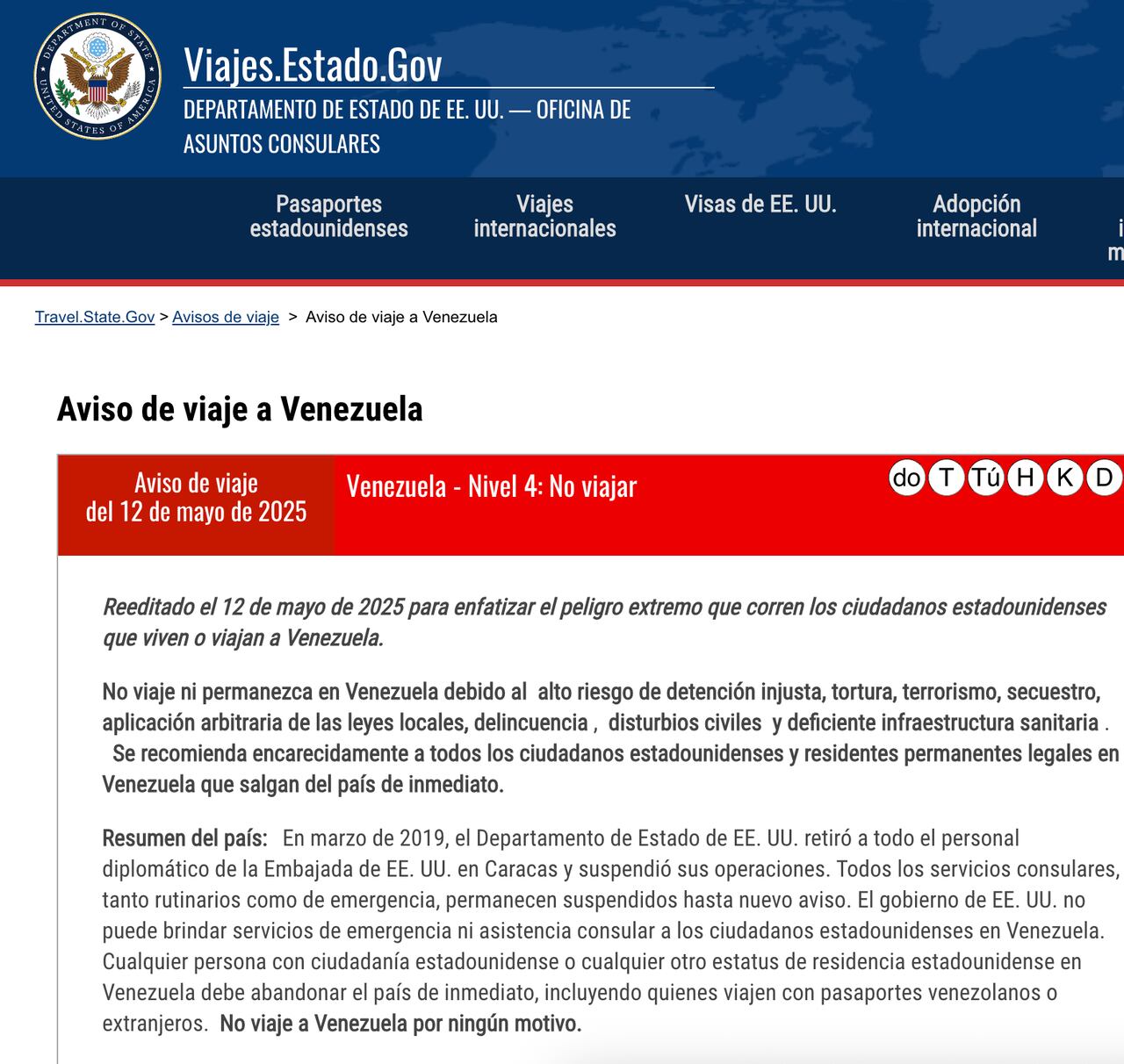 La alerta fue publicada en la pagina principal de la oficina especializada en asuntos consulares