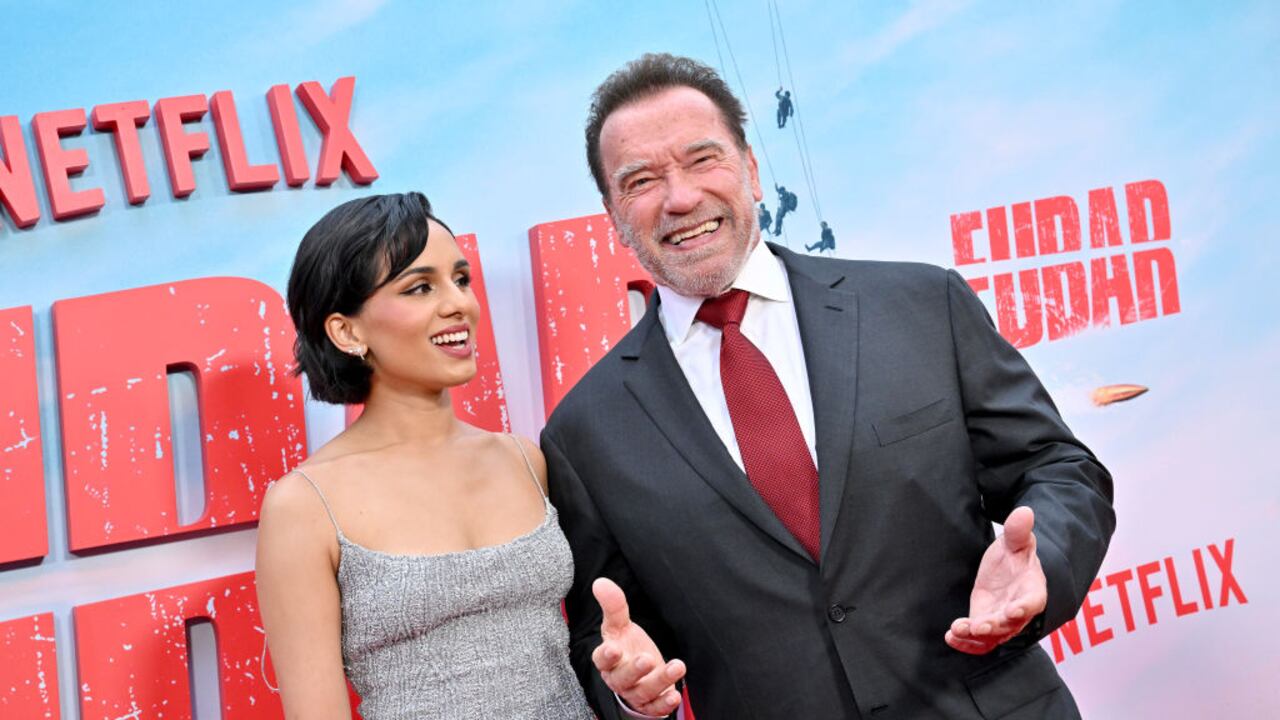 LOS ANGELES, CALIFORNIA - MAY 22: Aparna Brielle and Arnold Schwarzenegger attend the Los Angeles Premiere of Netflix's "FUBAR" at The Grove on May 22, 2023 in Los Angeles, California. (Photo by Axelle/Bauer-Griffin/FilmMagic)