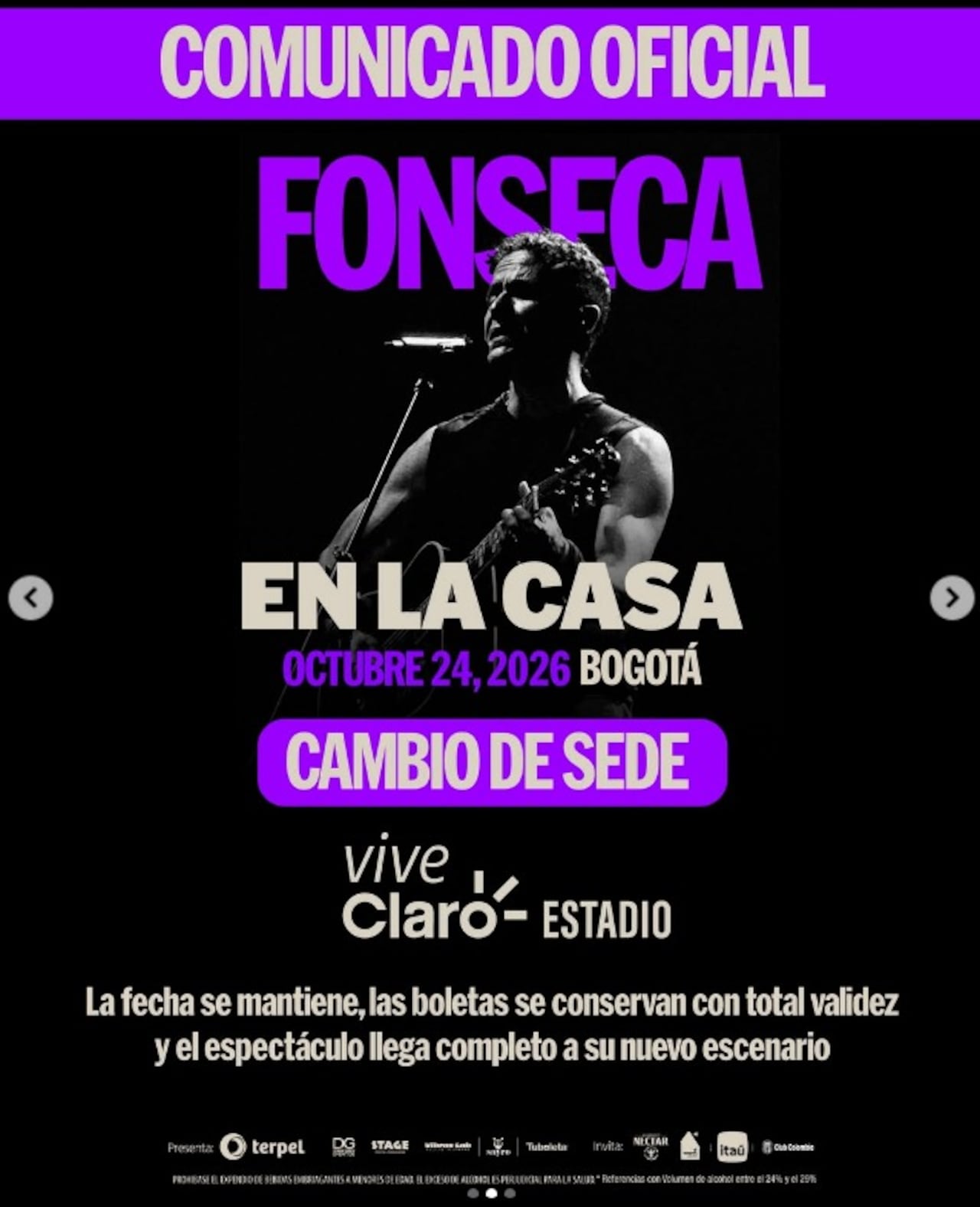 Concierto de Fonseca ya no se hará en El Campín, se cambia al Vive Claro, en Bogotá.