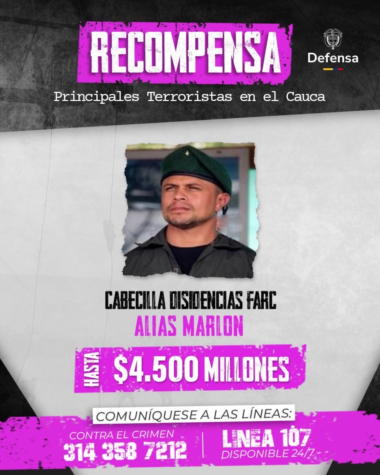 El ministro Pedro Sánchez informó que el Gobierno Nacional ofrece una recompensa de hasta $5.000 millones por alias ‘Marlon’.