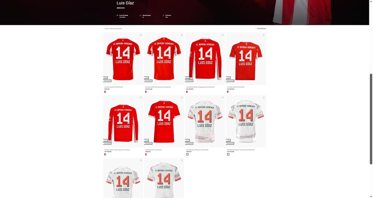 Precios de la camisa de Luis Díaz en el Bayern Múnich