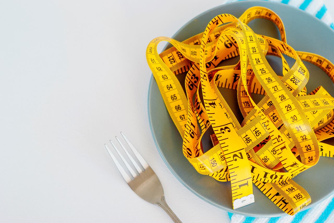 El concepto de dieta. El tenedor, rebobinado un centímetro, se apoya en el plato.