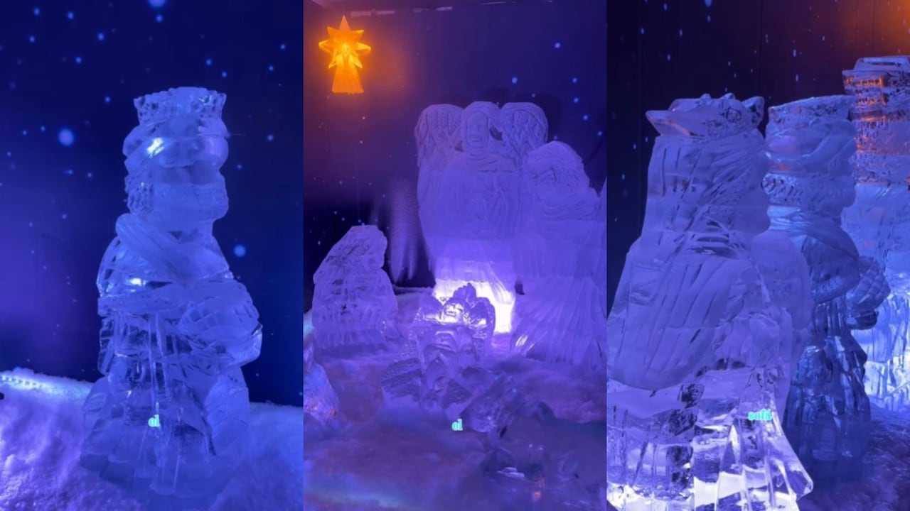 Escultura en hielo del Misterio de Belén dentro del recorrido del pesebre, en un espacio a -12 °C.
