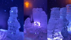 Escultura en hielo del Misterio de Belén dentro del recorrido del pesebre, en un espacio a -12 °C.