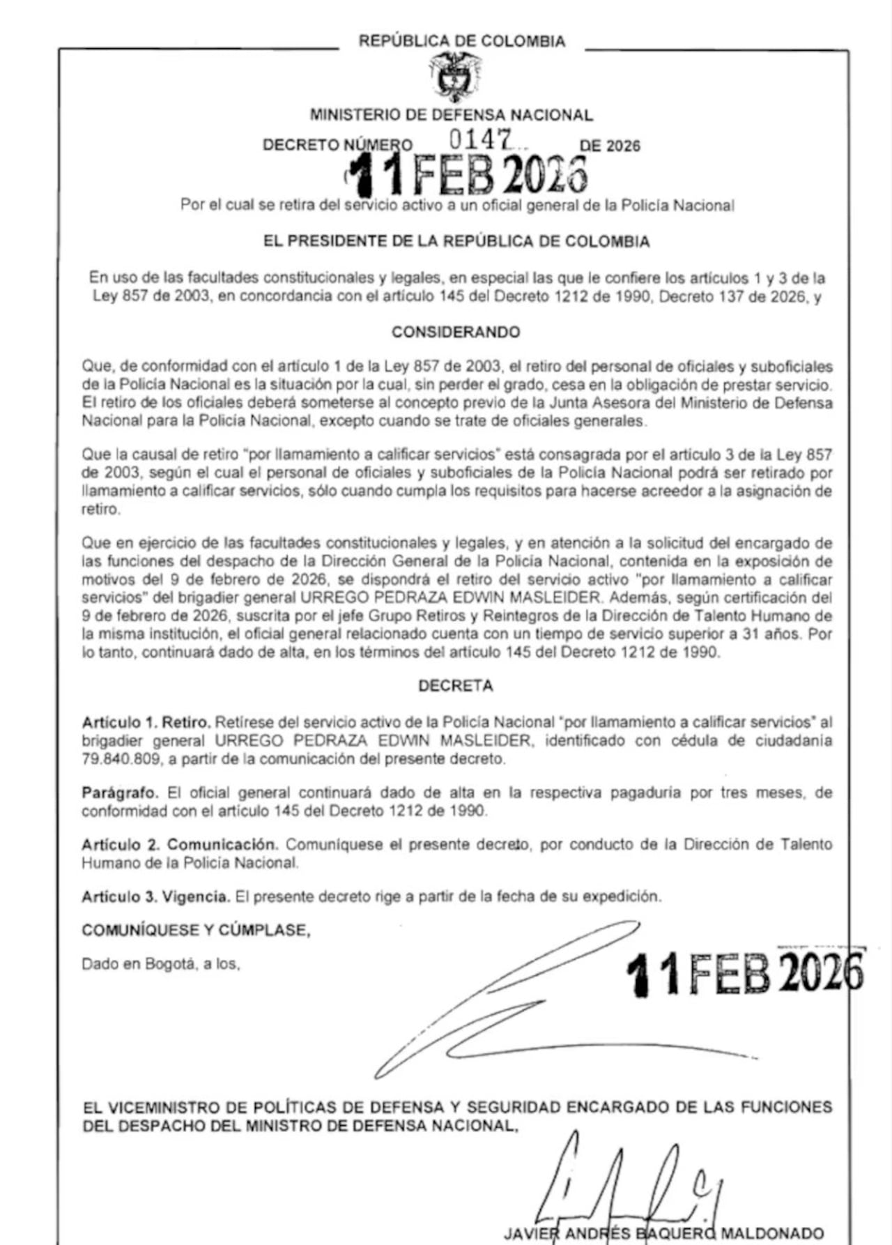 Esta es la comunicación con la que se decretó la salida del general Edwin Urrego, el cual se desempeñaba como comandante de la Policía Metropolitana de Cali.