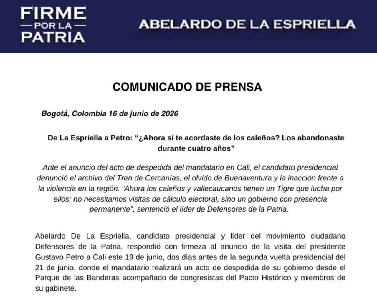 Comunicado difundido por Abelardo de La Espriella.