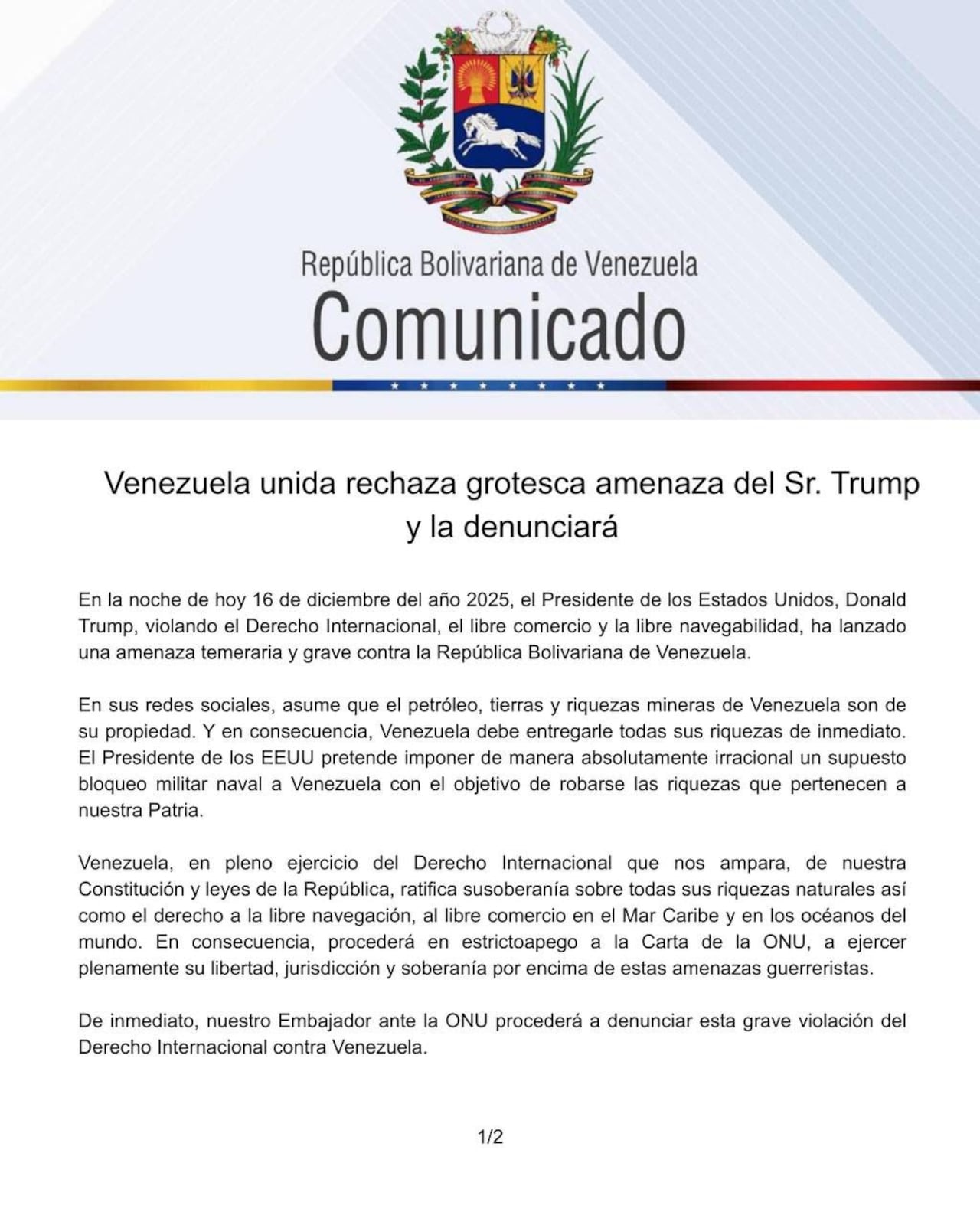 Esto es parte del comunicado realizado por el Gobierno de Venezuela.
