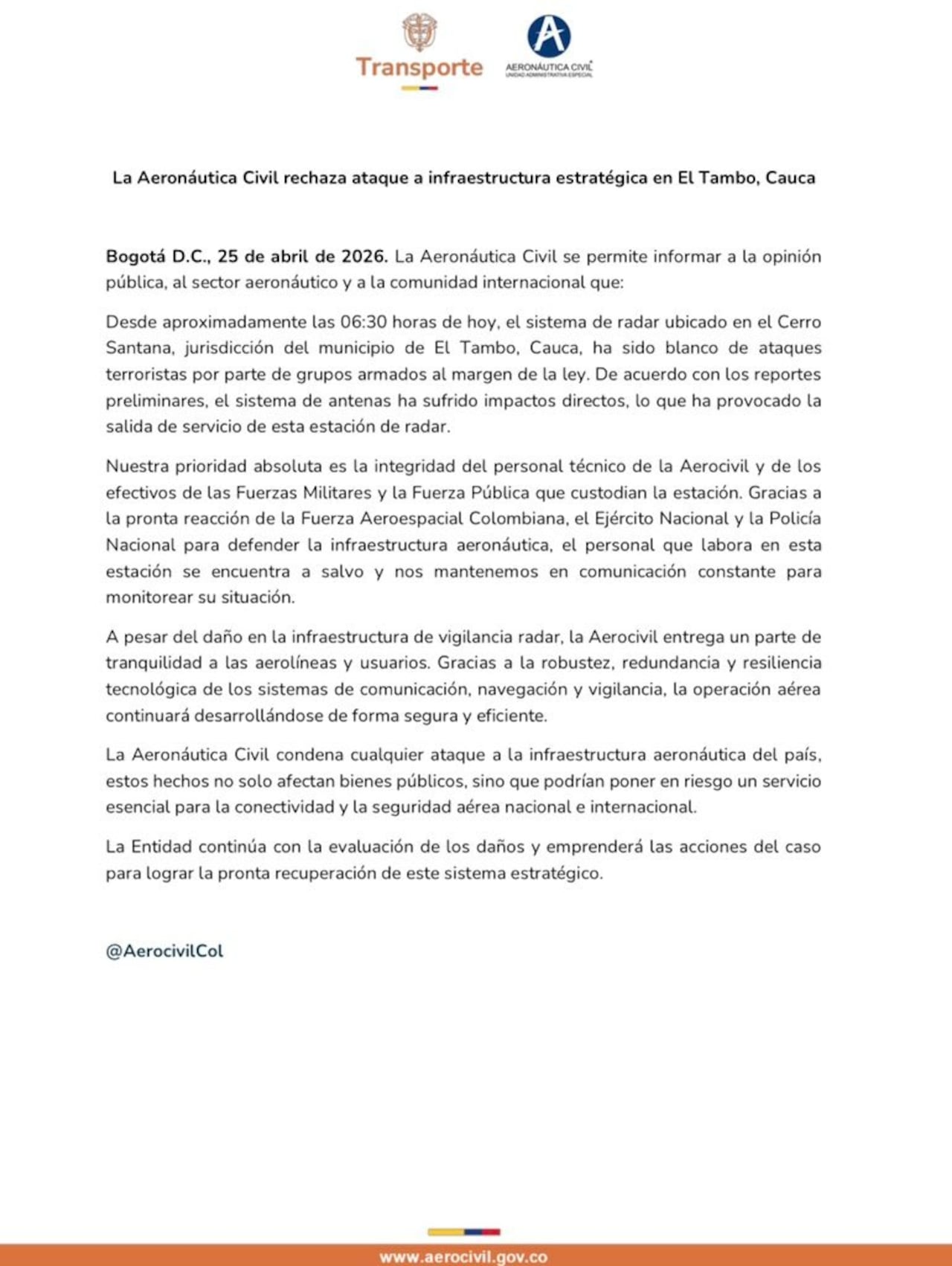 AerocivilCol confirma afectaciones en el radar de Santana, ubicado en El Tambo, Cauca.