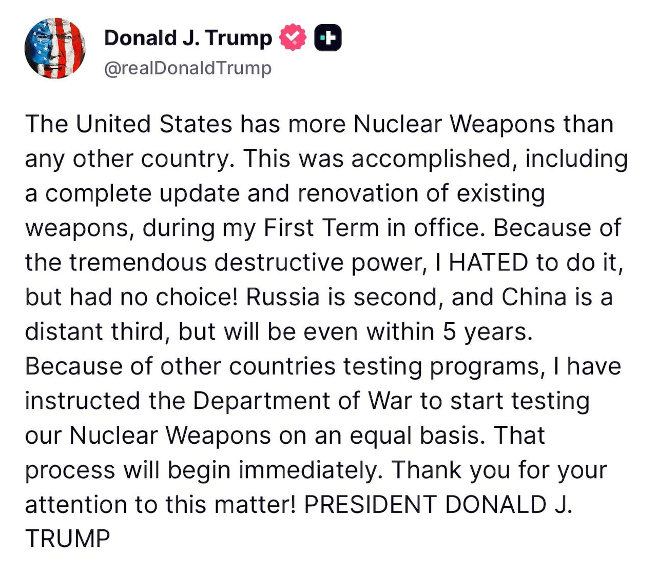 Mensaje emitido por Donald Trump