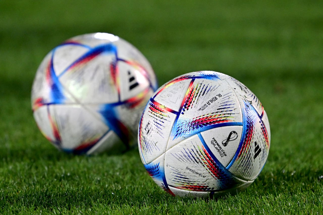 Qatar's 2022 World Cup official balls 'al Rihla' are pictured during a training session of Tunisia at Al Egla training facility in Doha on November 17, 2022 ahead of the Qatar 2022 World Cup football tournament. (Photo by MIGUEL MEDINA / AFP)