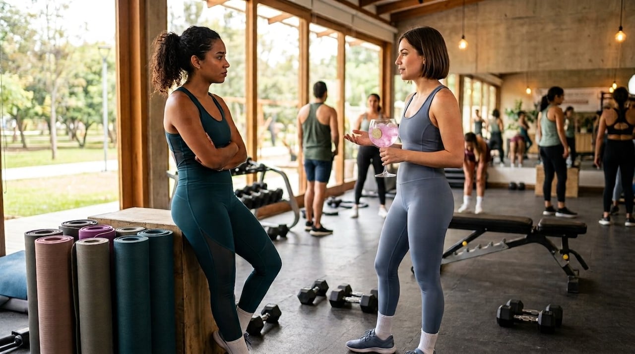 Mujeres, gym, gimnasio, bebida, hablar, ropa deportiva