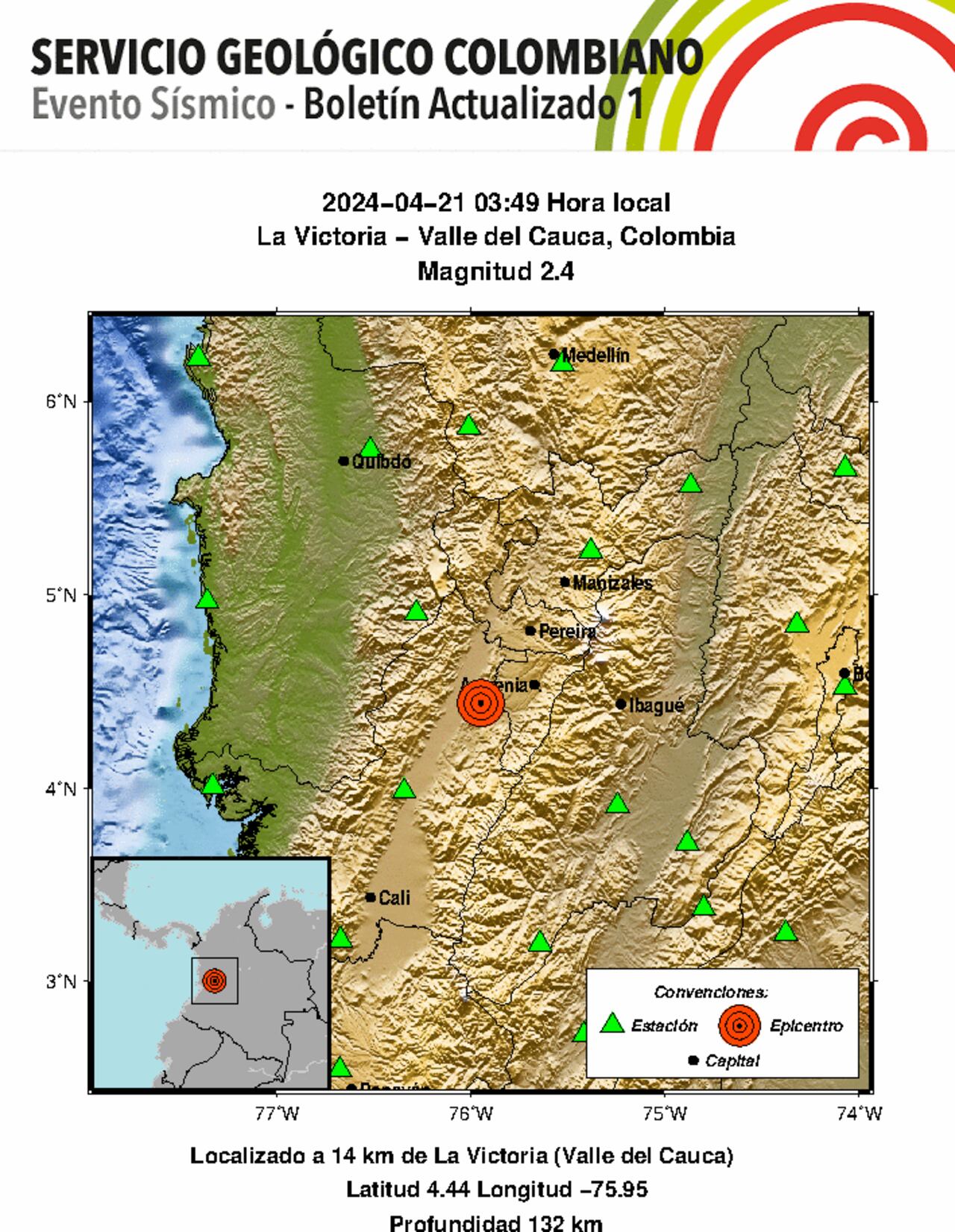 Boletín del temblor en La Victoria - Valle del Cauca. 21 de abril 2024.