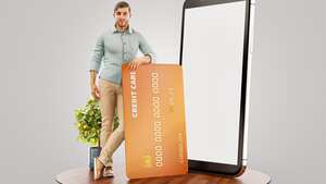 Concepto de pago en línea. Ilustración 3d de un joven sonriente con tarjeta de crédito en su casa. aplicación para teléfono inteligente