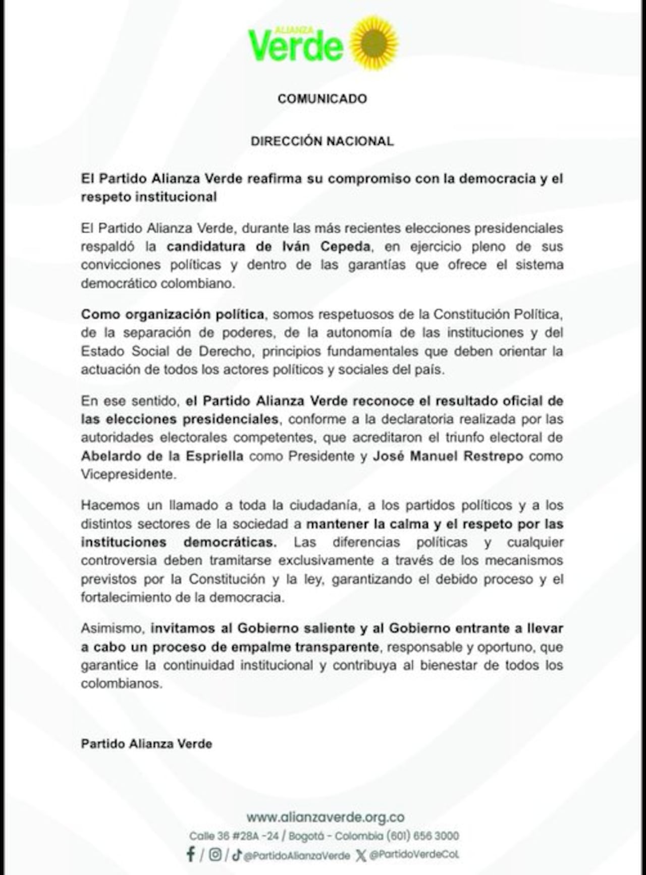 El Partido Alianza Verde reconoce el triunfo electoral de Abelardo de la Espriella como presidente y José Manuel Restrepo como vicepresidente oficial de las elecciones presidenciales.