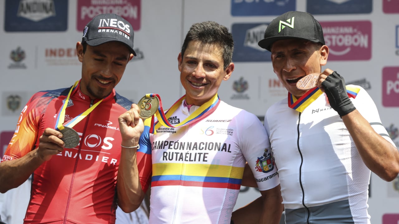 Colombian cyclists (L to R) Daniel Felipe Martinez, Esteban Chavez, and Nairo Quintana celebrate at the podium of the Ruta de Colombia championship in Bucaramanga, Colombia on February 5, 2023.
AFP/Jaime MORENO VARGAS