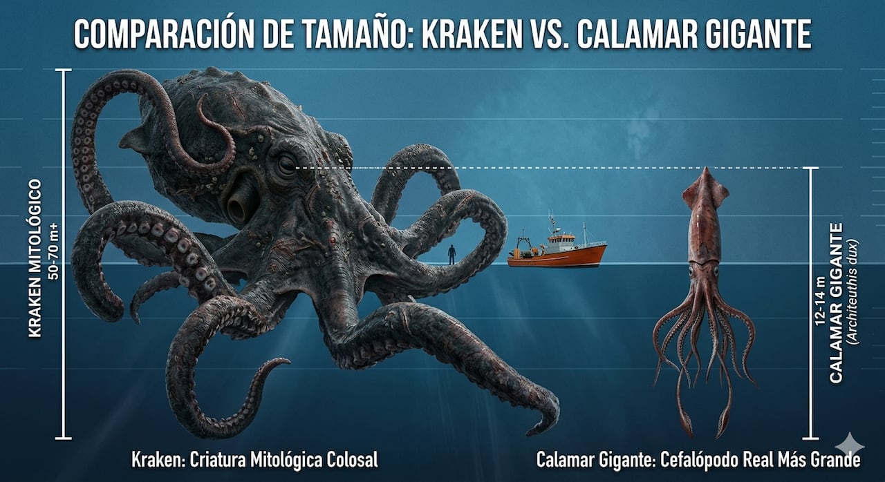 Calamar gigante actual y aproximación de tamaño con un Kraken.