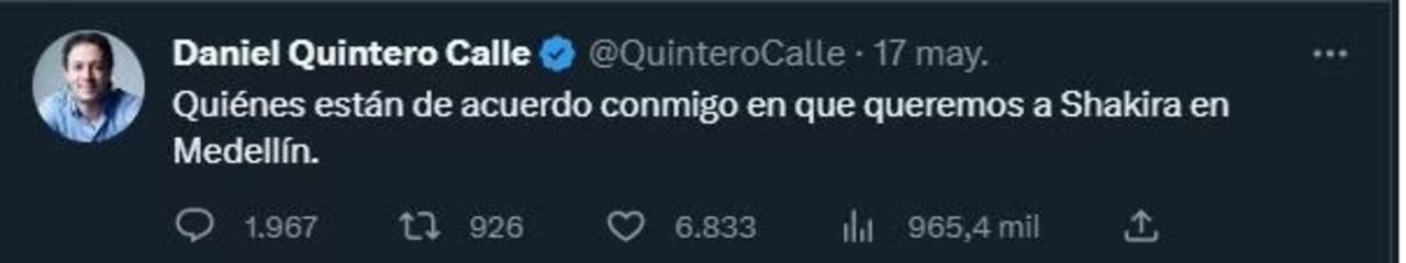 El alcalde de Medellín emocionó a los seguidores de Shakira con un trino