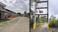 A la izquierda, la soledad reflejada en las calles de Filo Gringo, un pueblo que las Farc quieren, pero no han podido quitarle el poder al ELN. A la derecha, los elenos colgaron banderas en algunas zonas del Catatumbo.