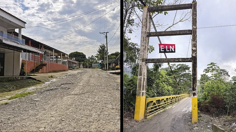 A la izquierda, la soledad reflejada en las calles de Filo Gringo, un pueblo que las Farc quieren, pero no han podido quitarle el poder al ELN. A la derecha, los elenos colgaron banderas en algunas zonas del Catatumbo.